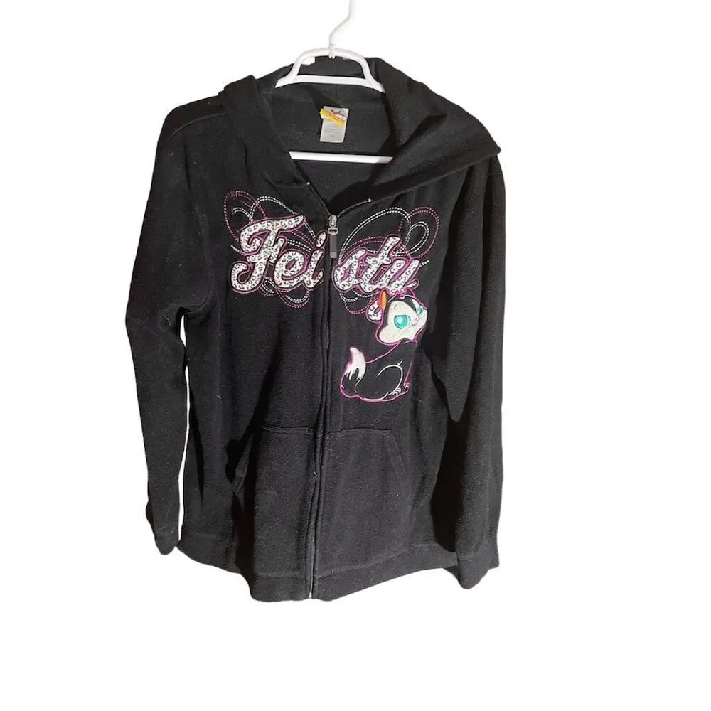 Looney Tunes Women's 2XL Black Feisty Cat Hooded Full Zip Sweater